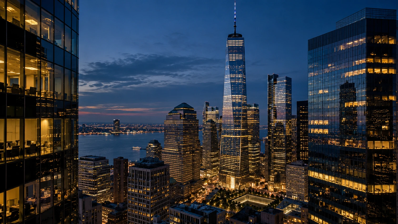 Glass financial district towers illuminated at blue hour
